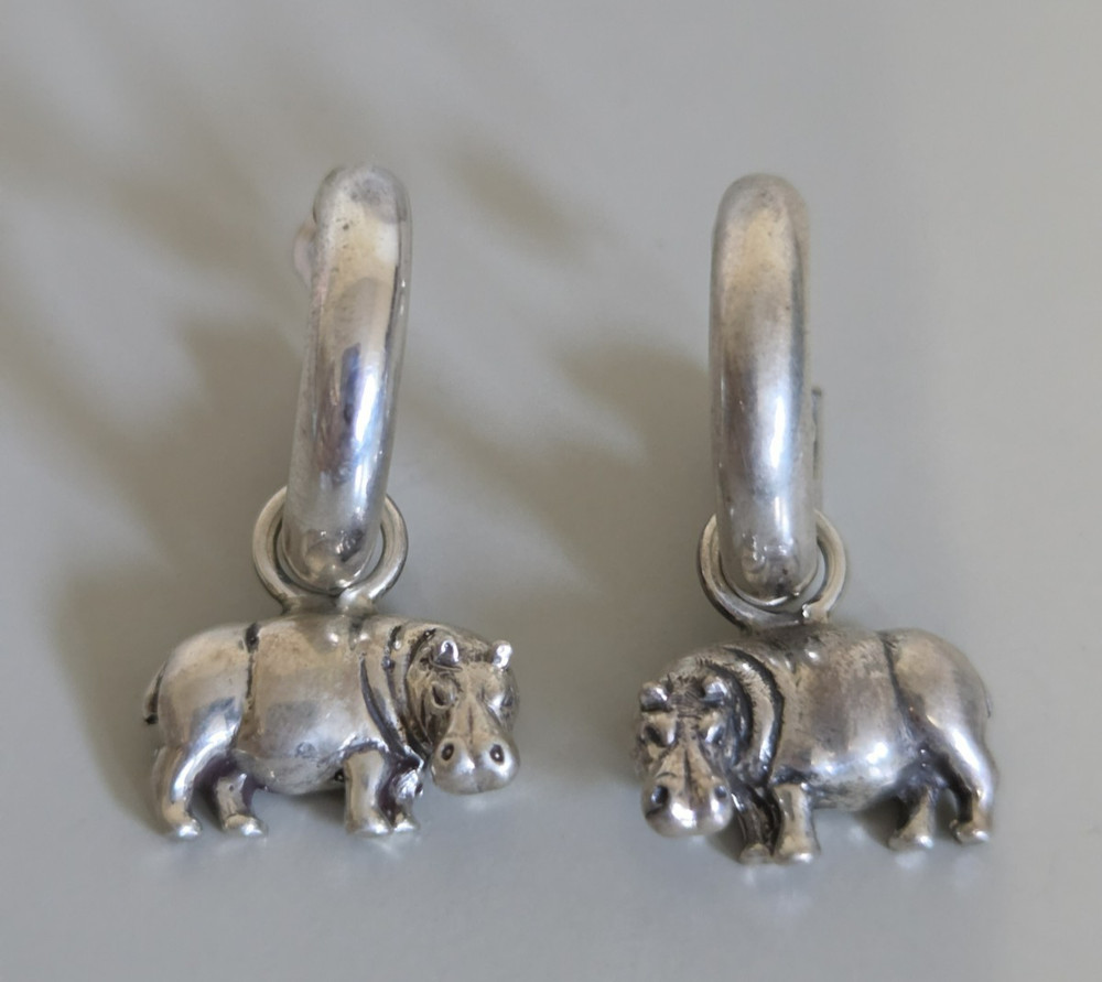 Vintage Sterling Silver Carol Felley Chunky Hippo Hoop Statement Earrings Africa