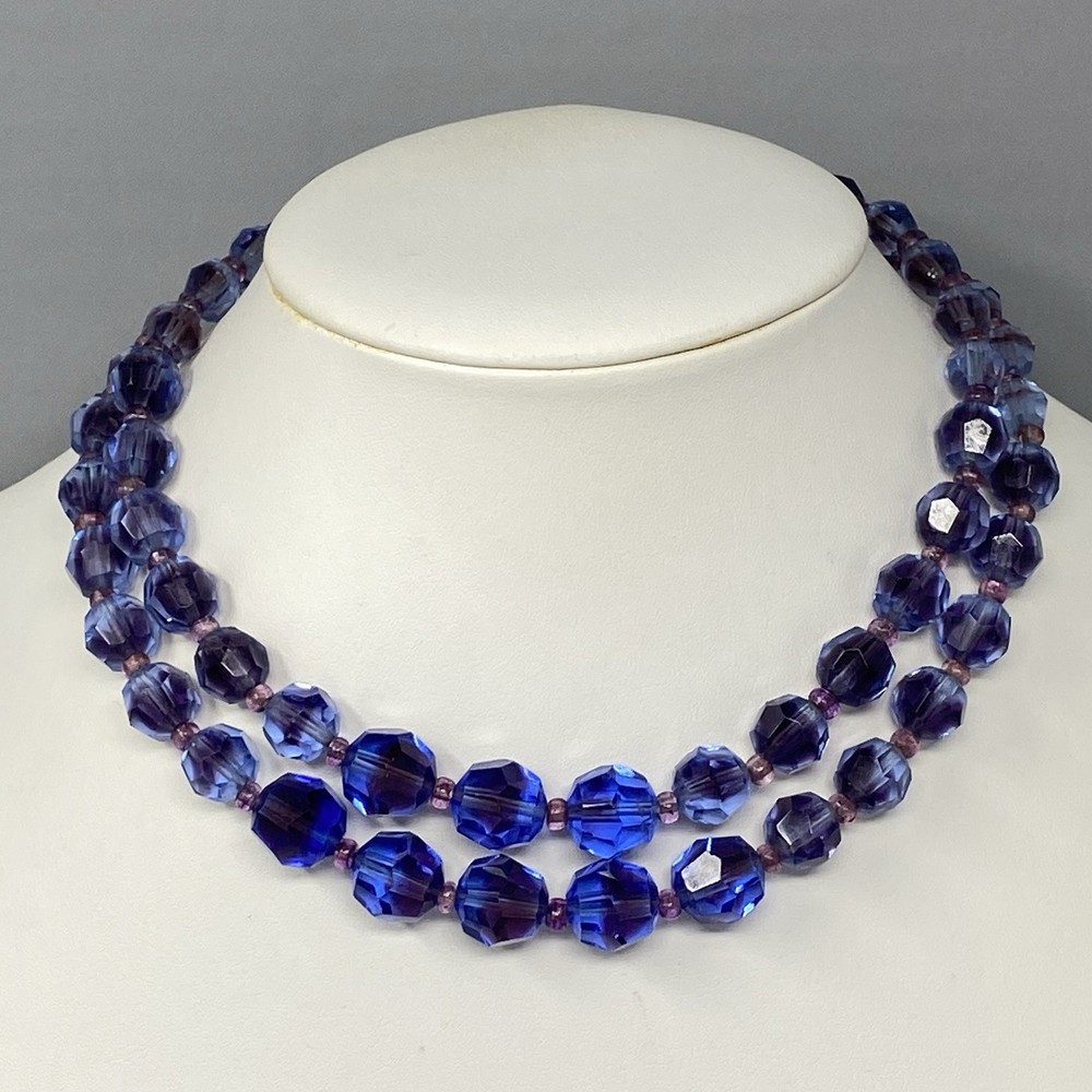 VTG Marvella Czech Glass Beaded Necklace Cobalt Blue Purple Coated Stunning 15″