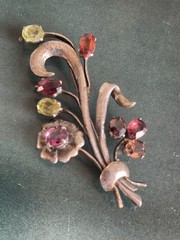 Vintage 1930s 1940s floral spray brooch multicolor glass rhinestones silver