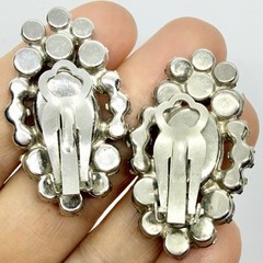 Vtg Juliana D&E Book Piece Cat Eye Glass Cabochon Earrings Red Clear Silver Clip