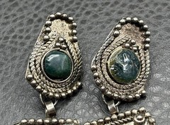 Vintage Boho Tribal Silver Tone Dangle Earrings Green Red Gemstone