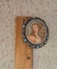 Antique 800 Silver Handpainted Lady Portrait Cameo Brooch Pendant Turquoise Cabs