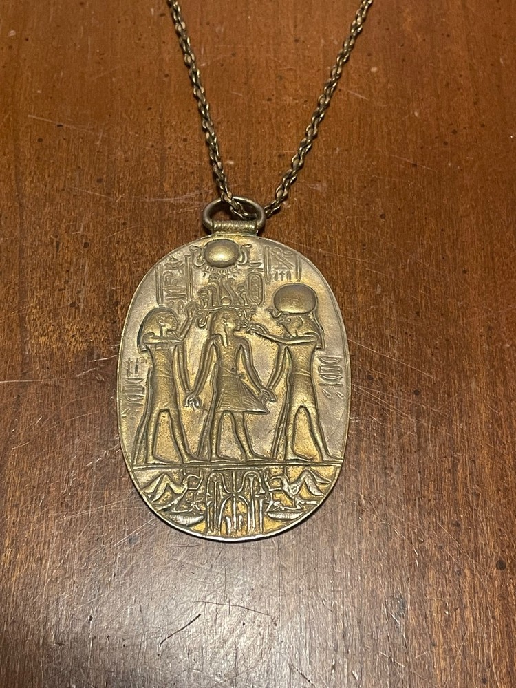 Vintage 1976 MMA Egyptian Revival King Tut Cartouche Pendant Necklace 23” Chain