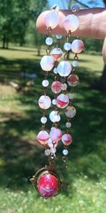 SALE VINTAGE EGYPTIAN SCARAB PENDANT VTG FUCHSIA GIVRE GLASS NECKLACE SET OOAK