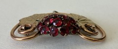 Vintage Arts & Crafts Floral 2 Tone Brass & Copper Cranberry Red Rhinestone Pin