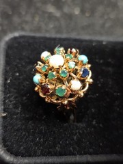 14KT ROSE GOLD PRINCESS RING EMERALDS RUBYS SAPHIRES SIZE 5 3/4 6.3 GRS.