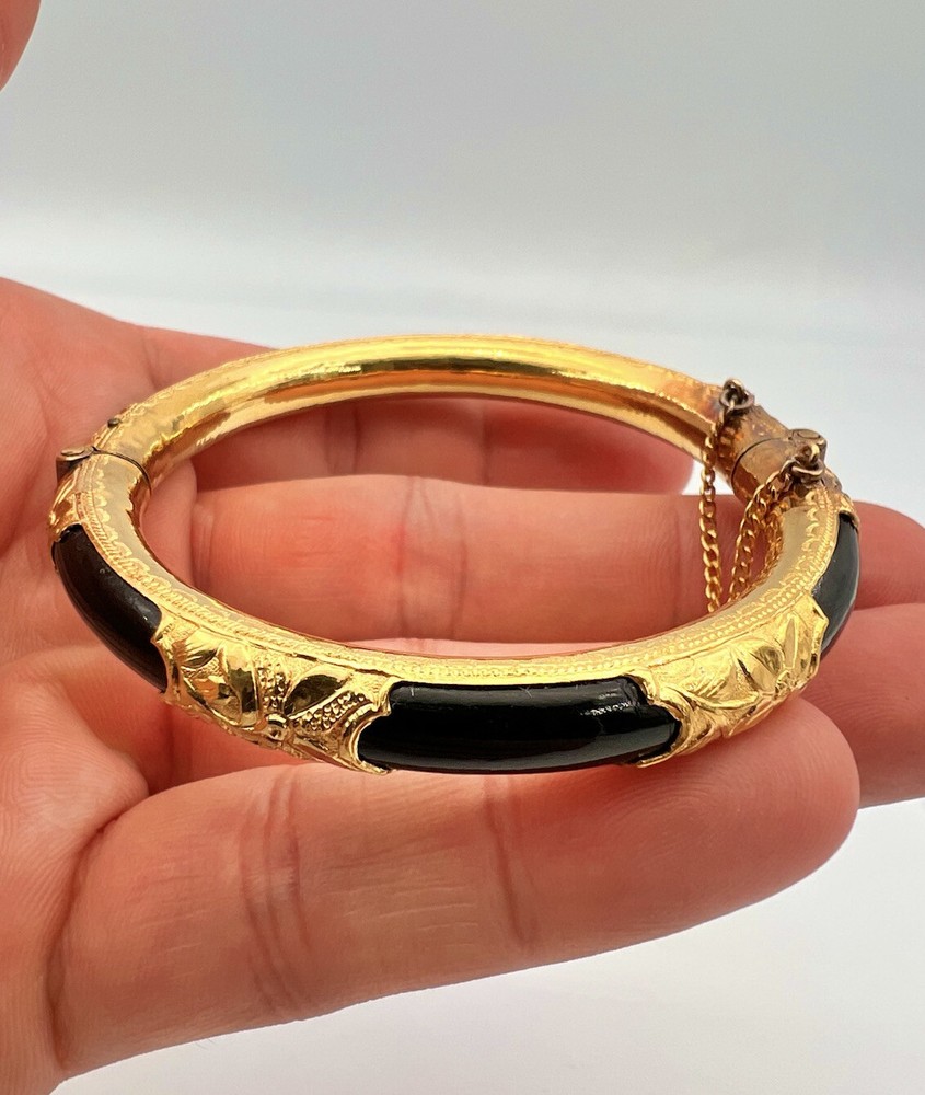 Antique Chinese 24K Yellow Gold Black Gem 8mm 6.5″ Hinged Bracelet Bangle 26.9g