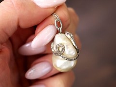 Antique Natural Saltwater Pearl, Ruby and 0.68Ct Diamond, Platinum Pendant