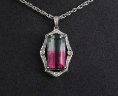 Fine 12.23ct Natural Watermelon Tourmaline & 0.24ct Diamond Platinum Necklace