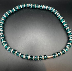 Vintage Emerald Green Faceted Crystal Glass Bead Necklace Rhinestone Spacers 8″