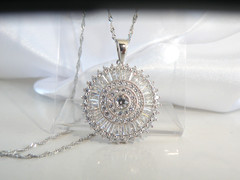 Vintage Style Sterling Silver 925 Baguette Starburst CZ Large Pendant Necklace