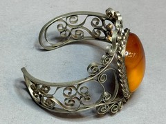 Vintage Baltic Amber Filigree Cuff Bracelet Soviet Era Sterling Silver Plated