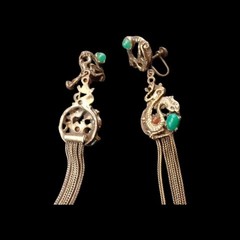 Antique Asian Dragon Jade Carnelian Cabochon Dangle Screw Back Tassel Earrings