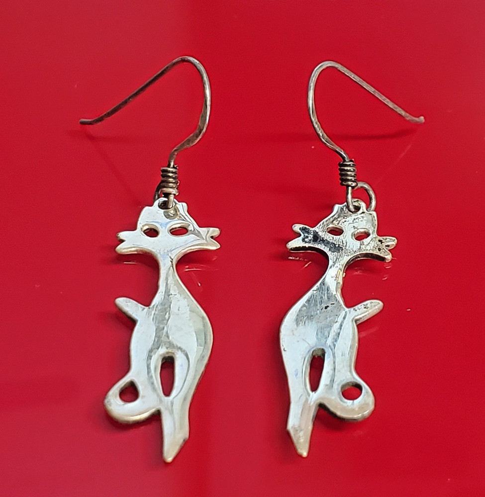 VTG 925 Cat Silhouette 1.5in Drop Earrings Sterling Silver 3g Patina Intact READ