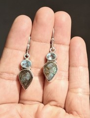 Vintage Sterling Silver Blue Topaz Labradorite Drop Dangle Lever-back Earrings