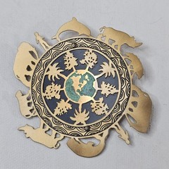 Vintage Signed Silver Forest One World Earth Brooch Brass Cut-Out Animals Trees
