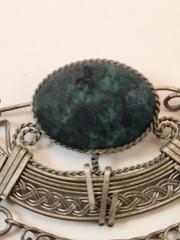 Bohemian Style Brooch Vintage Green Oval Stone Silver Tone 3.5 inches long