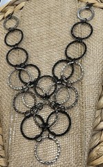 Modernist Hammered Circle Collar Torque Necklace Black Silver Tone Waterfall