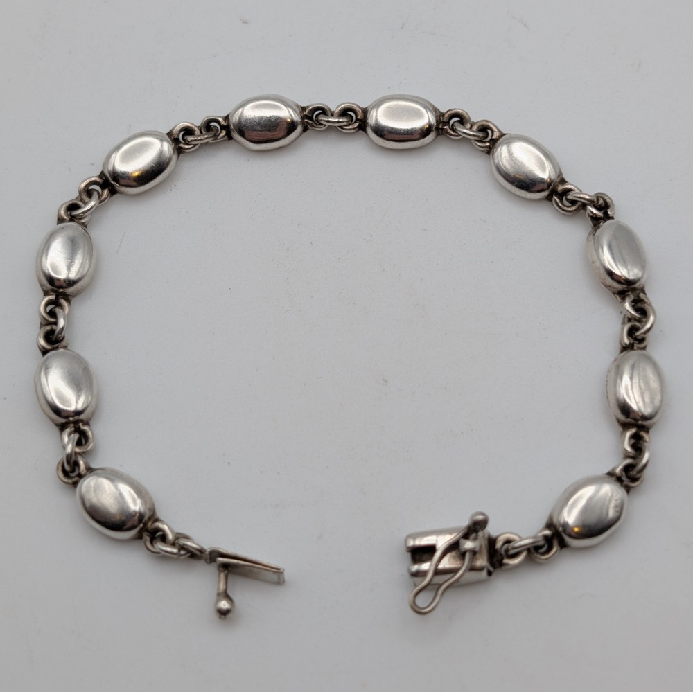 Vintage Sterling Silver Oval Puffed Link Bracelet 7.5 Inch Modernist Jewelry 925
