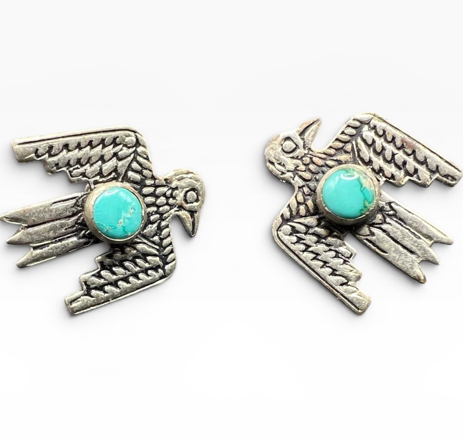 Vintage Fred Harvey Era Thunderbird Turquoise Screw Back Earrings Sterling?