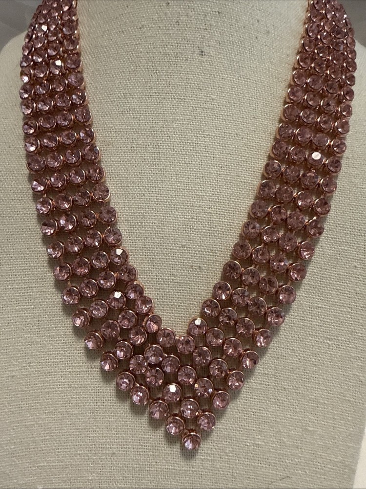 Pink Rhinestone Vee Statement Necklace Rose Gold Tone 18”