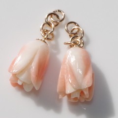 ANTIQUE 14K GOLD ANGEL SKIN CORAL CARVED ROSE STUD DROP EARRINGS Made To Order