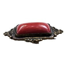 Antique Victorian Art Nouveau Sash Pin Brooch Red Cabochon Brass Real Authentic