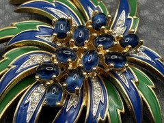 RARE VTG JOMAZ Blue Green Enamel Flower Cabochon Rhinestone Gold Tone Brooch Pin