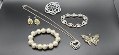 6 Pieces OfVintage Jewlery Silver Tone Necklace Brooch Bracelet Pendant Signed