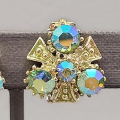 Vintage Rhinestones Earrings Clip On Aurora Borealis Climber Gold Tone 3/4″