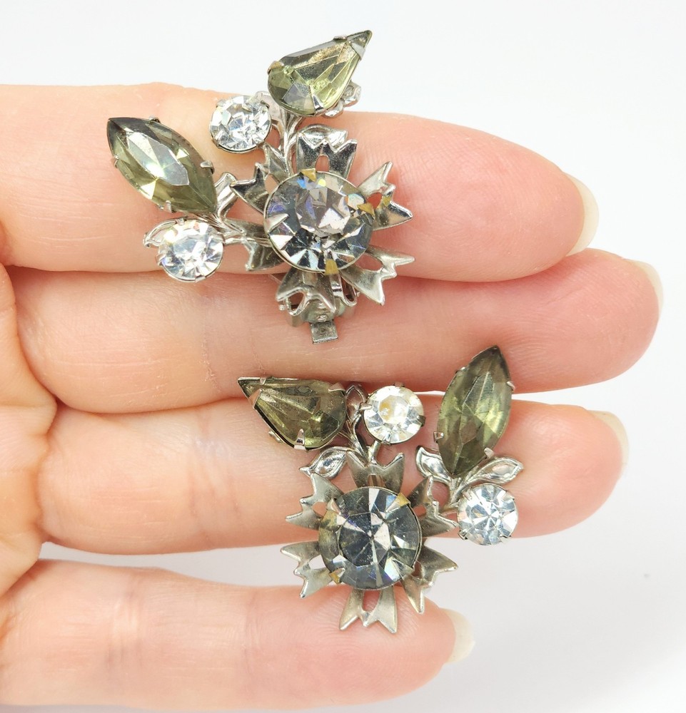 Vintage Beau Jewels Silver Tone Smoky & Clear Rhinestone Clip-On Earrings