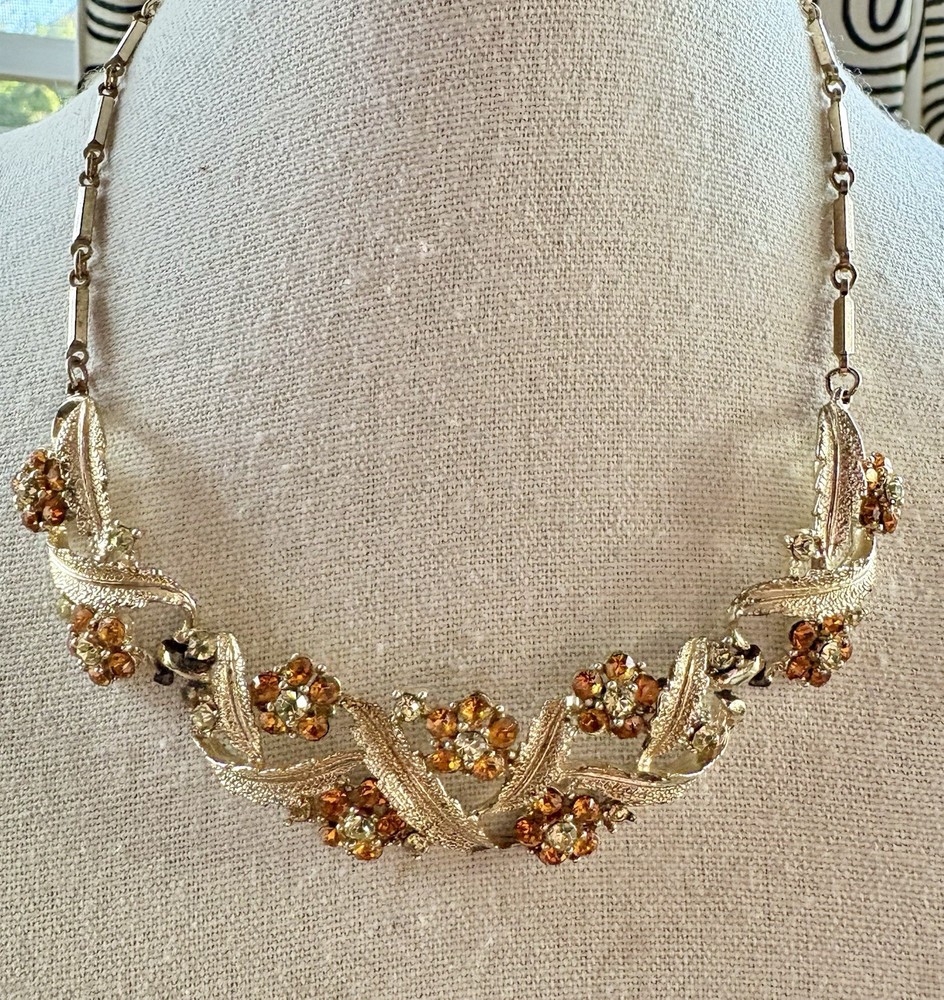 Vintage 1950s–1960s Amber & Citrine Rhinestone Floral Necklace Mid-Century