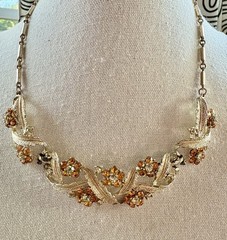 Vintage 1950s–1960s Amber & Citrine Rhinestone Floral Necklace Mid-Century