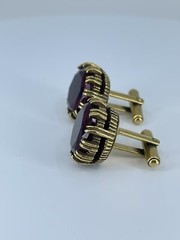 Red Glass cufflinks Faceted round prong set open gold tone 1-1/8″