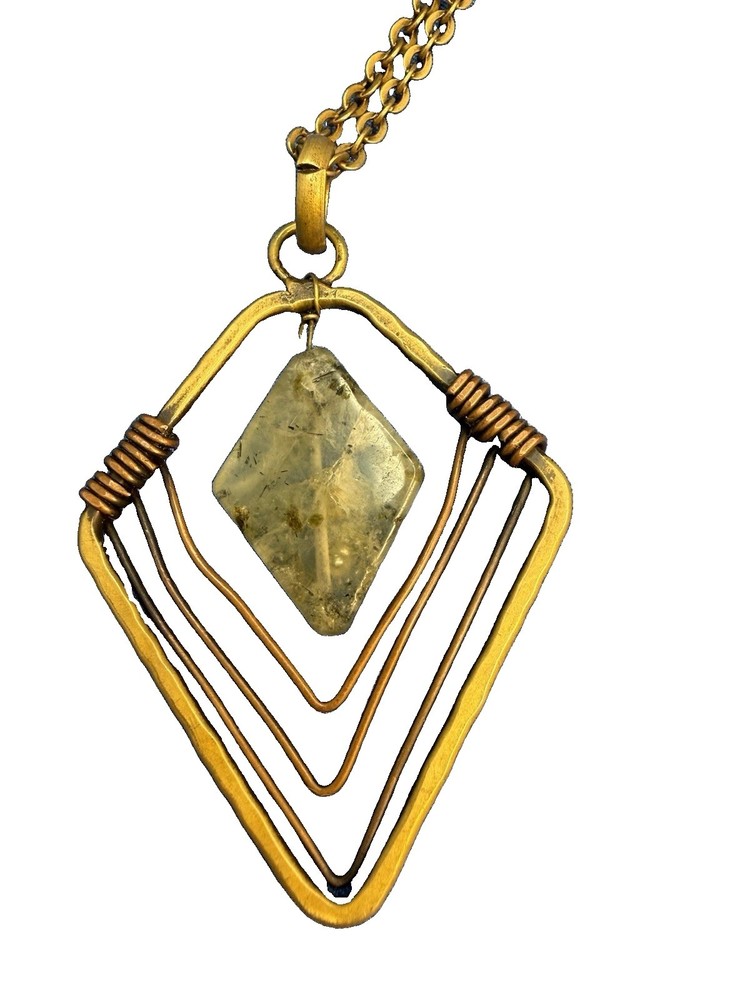 Vintage Anju Banjara Mixed Metal Wire Prehnite Diamond Shaped Necklace Pendant