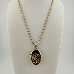 Vintage Gold Tone Black Oval Monogram Locket Necklace