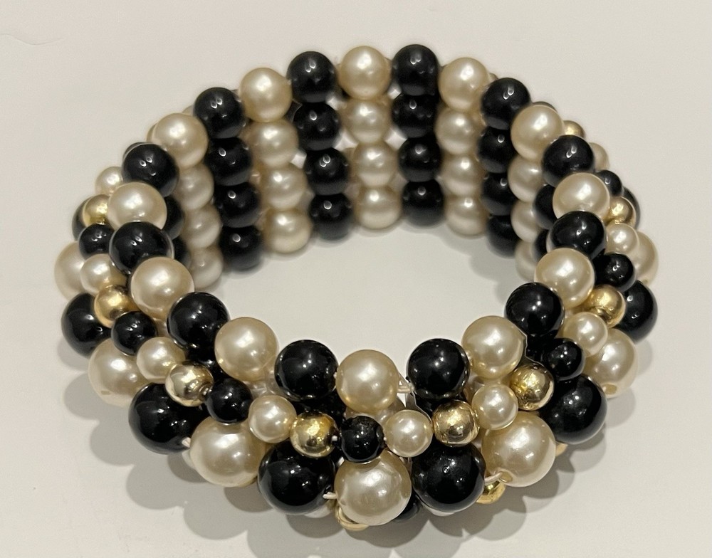 Vintage Faux Pearl Gold & Black Stretch Band Bracelet Fits All