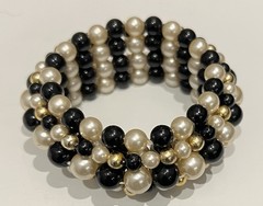 Vintage Faux Pearl Gold & Black Stretch Band Bracelet Fits All
