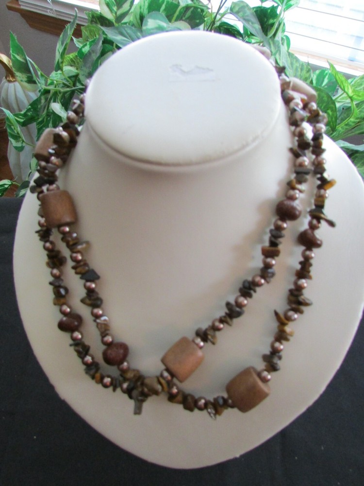Vintage Tiger’s Eye Chips, Metal Beads & Wood beads Necklace 38″ Long