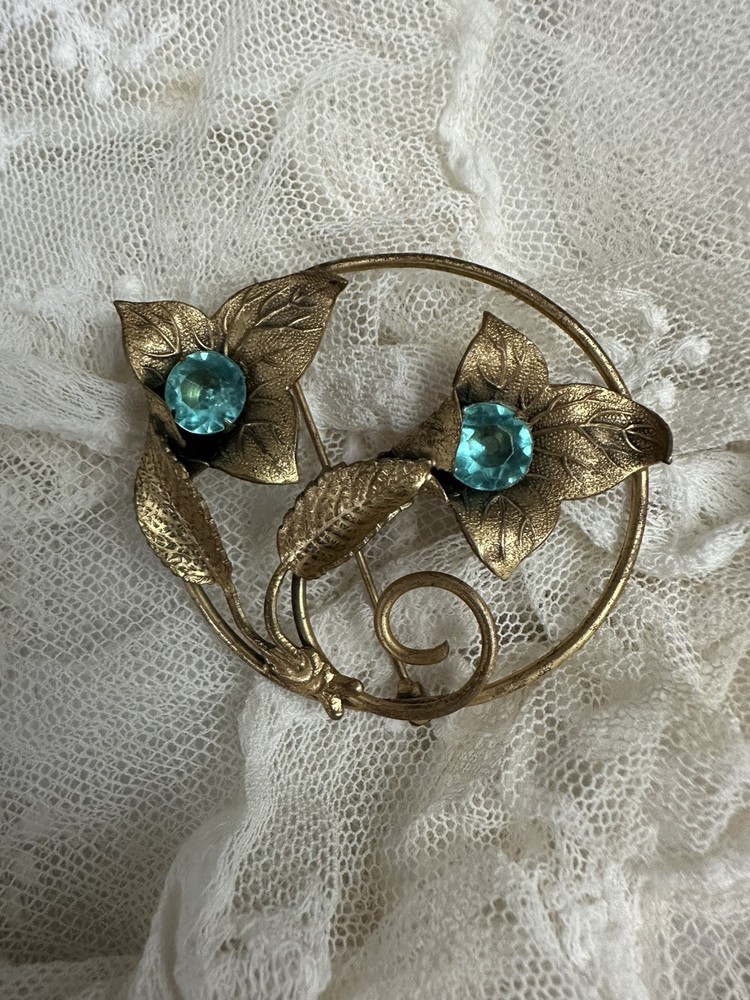Antique 1920s Large Gold Washed Art Nouveau Art Deco Brooch Ice Blue