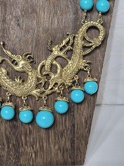 Double Strand Chunky Turquoise Color Blue Bead Necklace Gold Tone Dragon Pendant