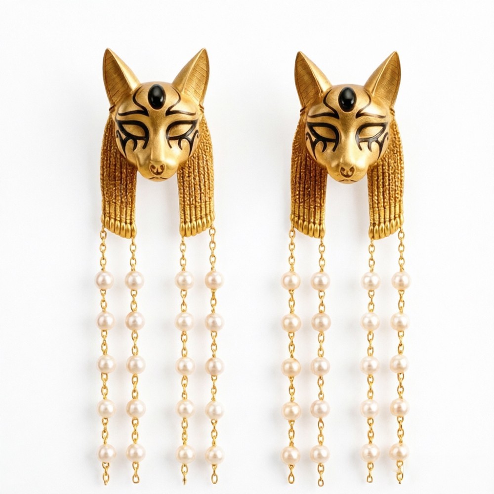 Vintage Bastet Cat Tassel Earrings Egyptian Goddess Drop Jewelry Gift for Women