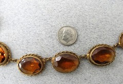 Antique Pre 1920s Czech Glass Necklace Brass Cognac Hue Stones 17″ Bold Estate