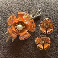 Enamel Orange Floral Brooch Pin And Matching Clip On Earrings
