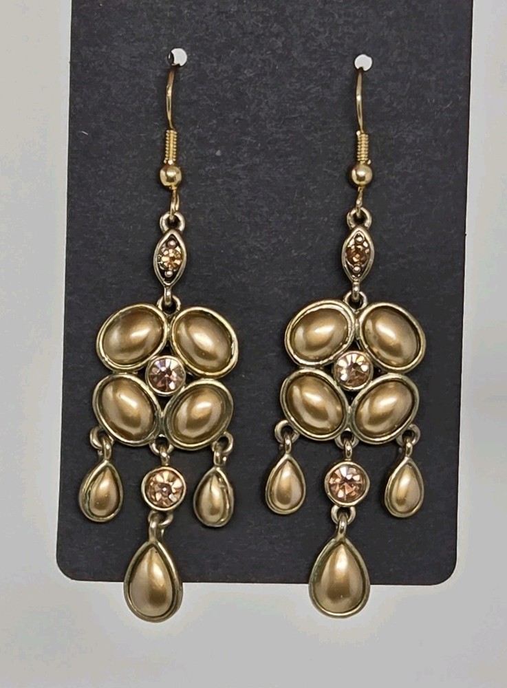 Topaz Faux Pearl Cabochon & Rhinestone Dangle Drop Earrings Vintage 2.5 Inches