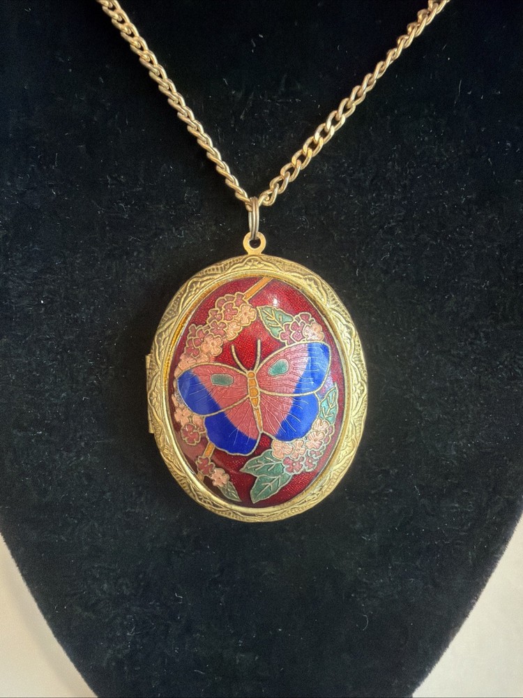 Vintage Cloisonne Butterfly Locket Necklace Watch Has Been Removed See Photos