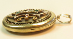 Victorian 1800’s 2 Picture Engraved Locket 19/13K Yellow Gold Emerald Ruby Pearl