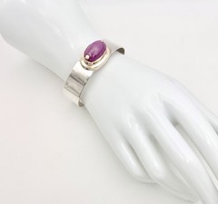 Vintage 14K Solid Yellow Gold & Sterling Silver MCM Cuff Bracelet Pink Cabochon