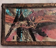 Vintage Abstract Art Brooch Mixed Media Artisan Silk Metal Frame Pin OOAK 2 x 1