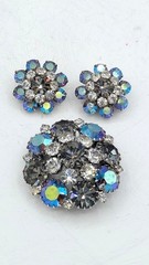 Vintage WEISS Brooch Earrings SET AB Rhinestone Smoky Gray & Aurora Borealis